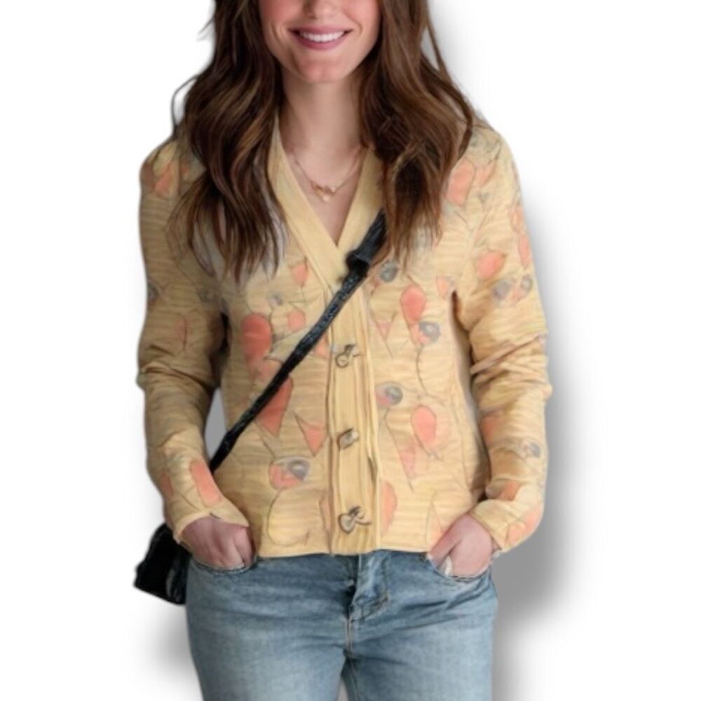 Pastel Oatmeal Pink Parrot Animal Print Fitted Cropped Knit Cardigan Sweater